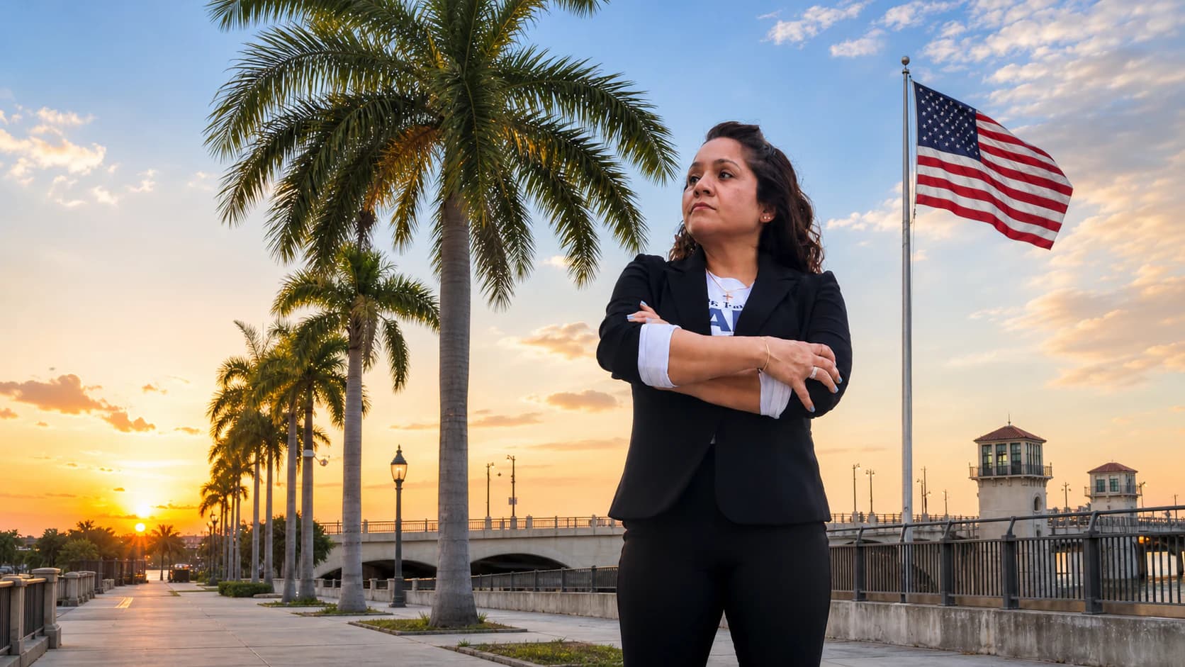 Paola Branda near a Palm Beach bridge at sunrise with an American flag